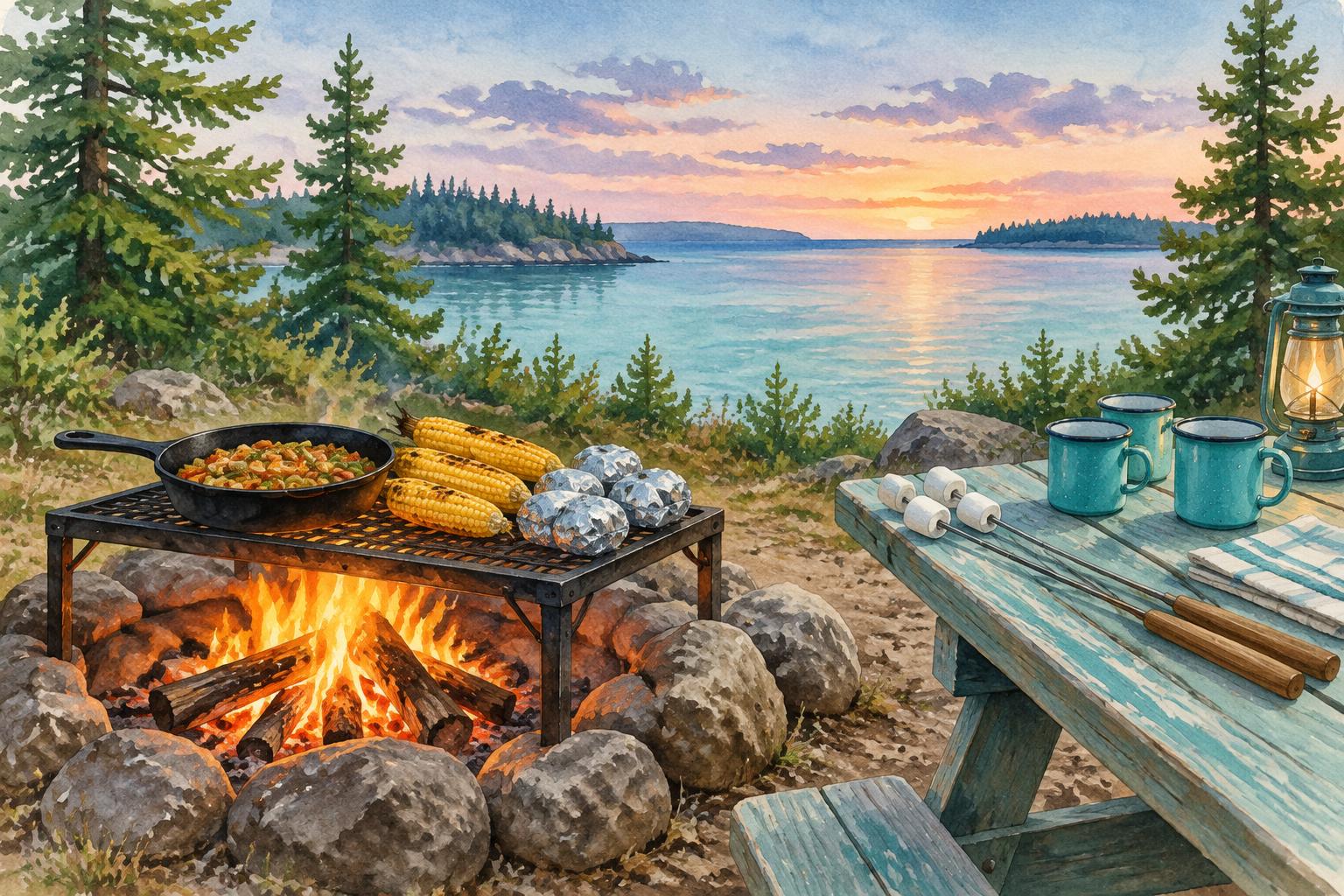 Campfire cooking with a skillet, roasted corn and marshmallow sticks