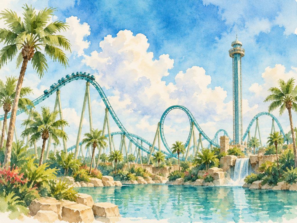 Watercolor of turquoise roller coasters and an observation tower under a bright sky