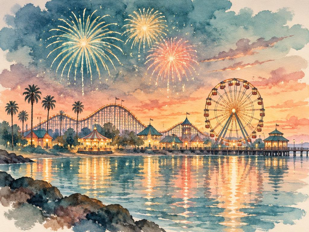 Watercolor of fireworks over a ferris wheel and a pier at dusk