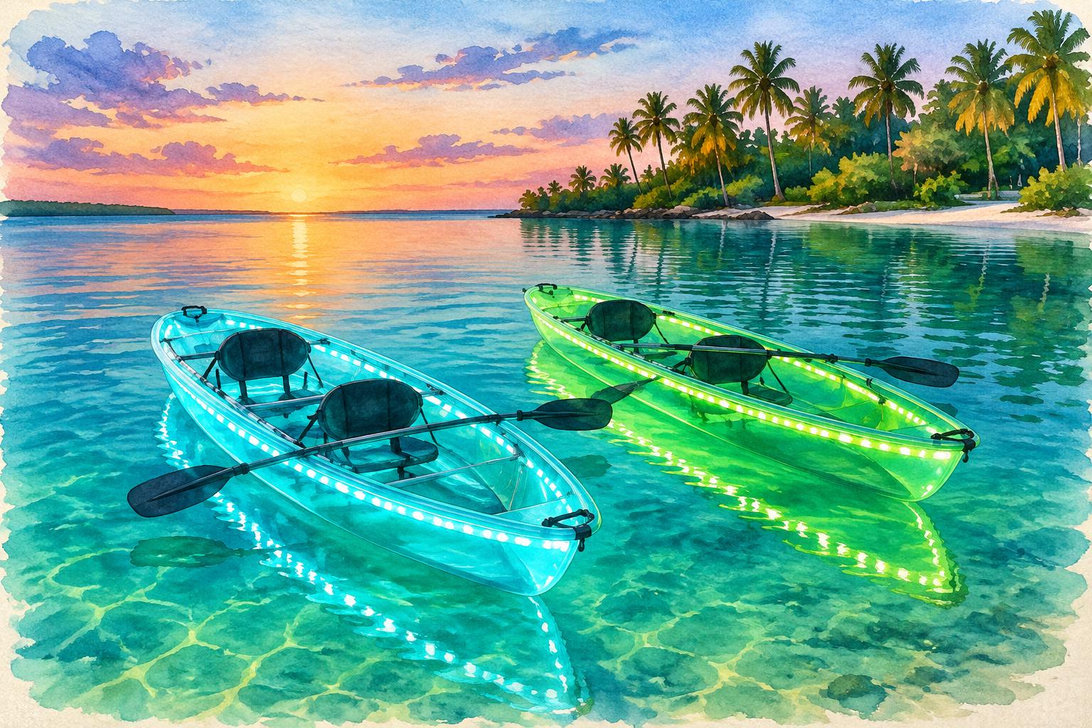 Empty glow-in-the-dark kayaks with turquoise and green lights on calm water