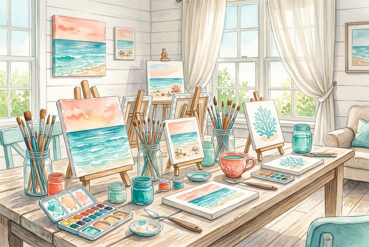 Indoor painting table with beach canvases, easels, brushes and watercolor palettes