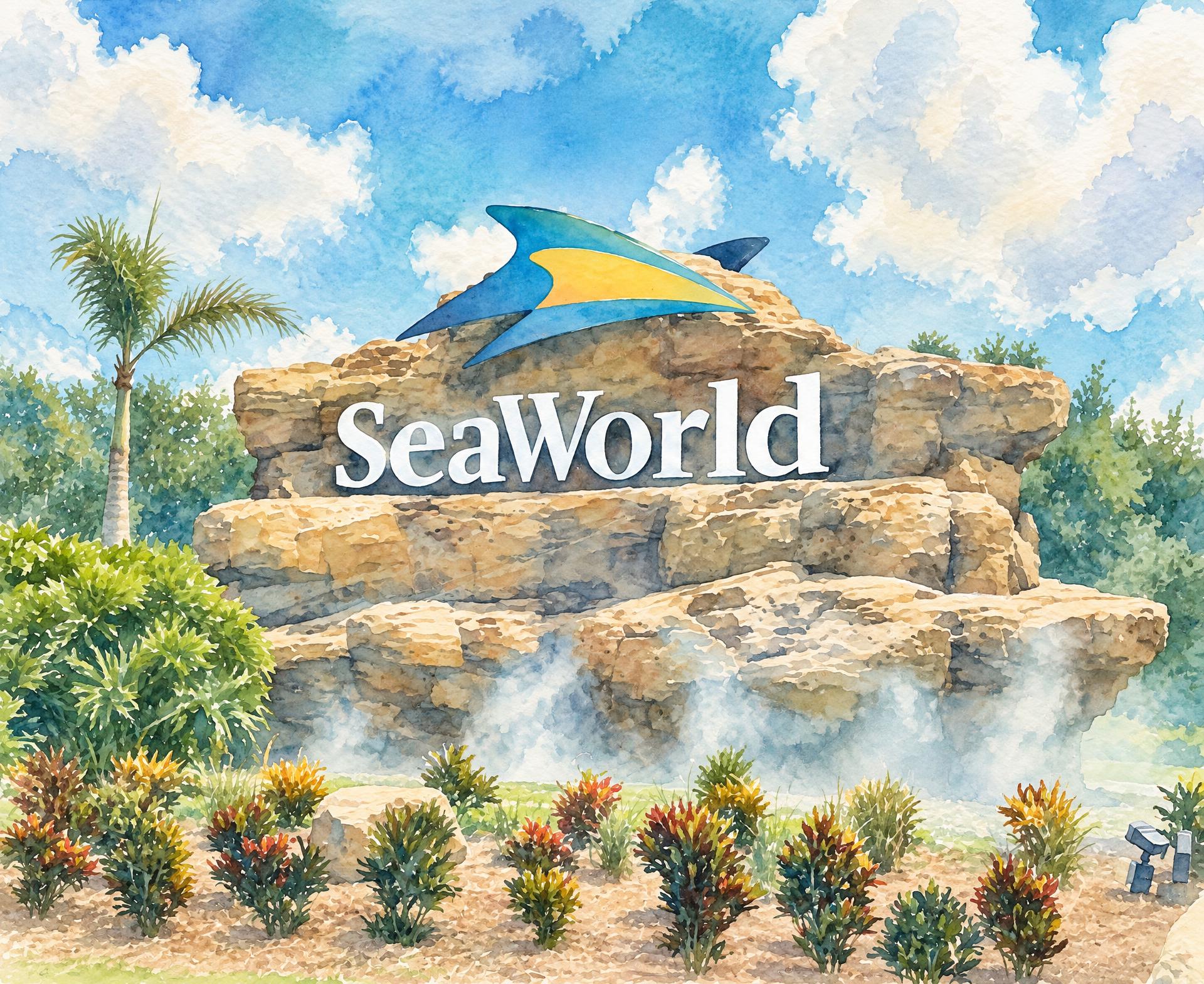SeaWorld entrance sign built into a rock formation with misting fountains