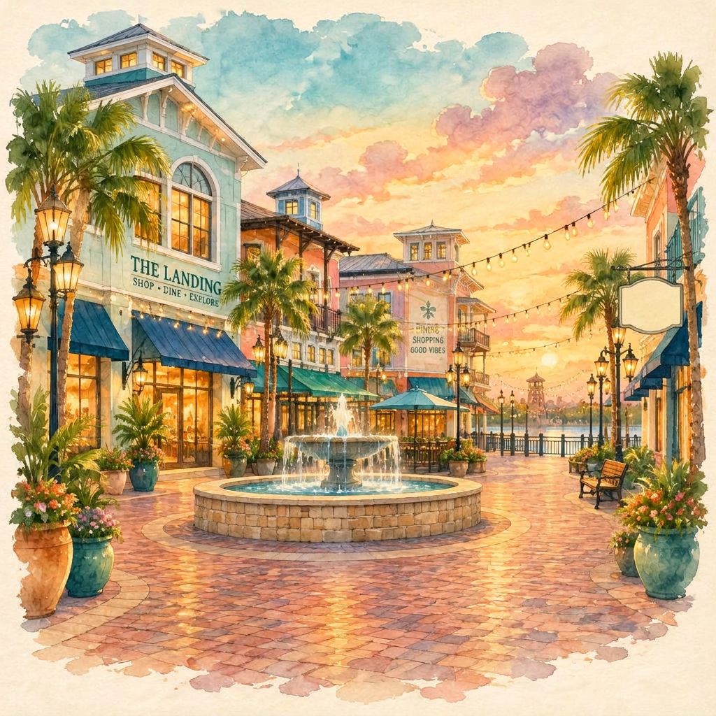 Watercolor of an outdoor shopping and dining promenade with pastel storefronts and a stone fountain