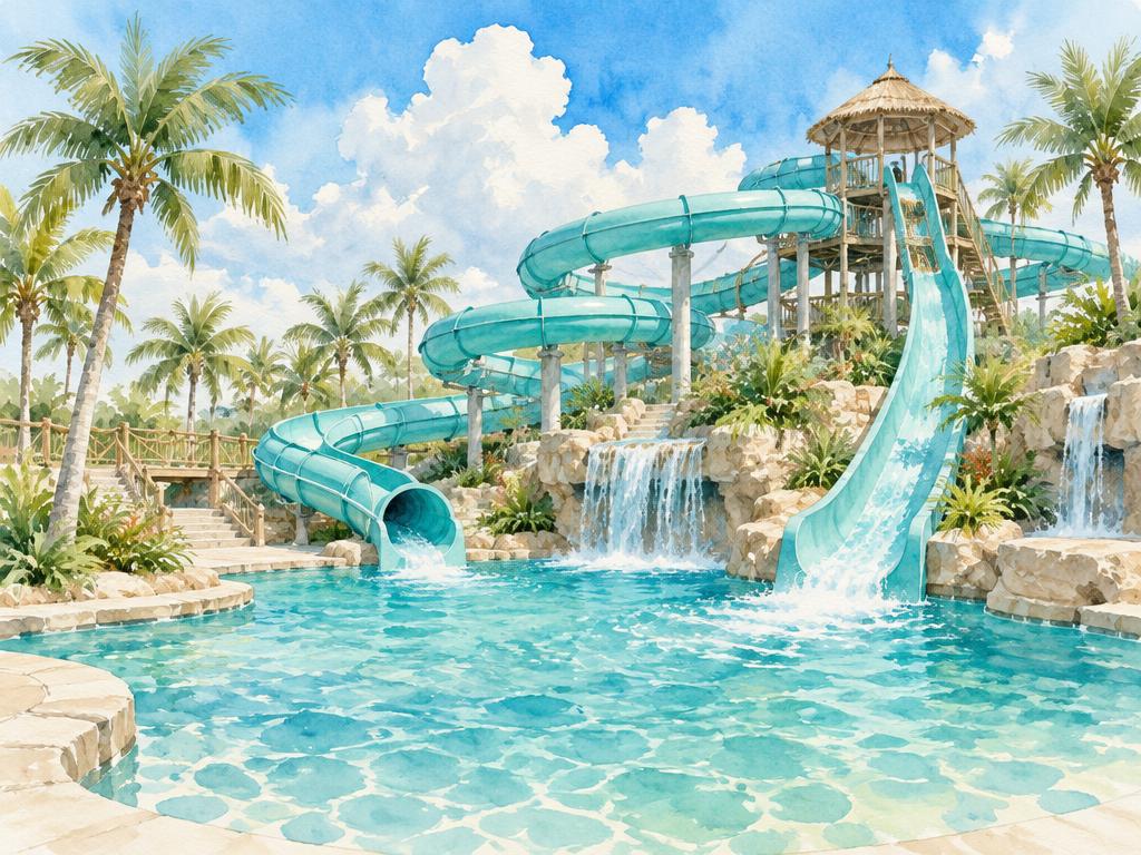 Watercolor of turquoise water slides emptying into a splash pool